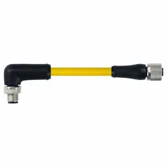 Double-ended cordset with M12 male right angle and M12 female right angle connectors, 4 pins, 16 AWG wire, and 5 m yellow TPE cable. Rated IP66 for dust and water ingress. Suitable for heavy-duty industrial applications requiring reliable signal or power transmission in harsh environments.