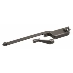 This right-hand crank window operator is designed for casement windows, mounting to the frame. It includes a handle and features a bronze-coated brown finish. The 4-3/4 in base length suits standard replacement applications.