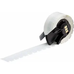 Precut label roll with 1/4 in x 1/4 in polyester labels in white gloss finish. Rated for temperatures from -40°F to 356°F. Compatible with BMP61 printer series. Used for industrial identification and labeling in environments requiring durable labels.