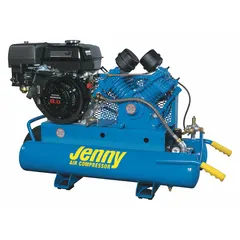 Single-stage wheeled portable air compressor powered by a 9 hp Honda engine. Delivers 17.8 cfm at 90 psi with an 8 gal air tank. Suitable for powering pneumatic tools and inflating tires at remote job sites without electrical power.