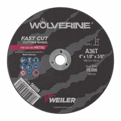Type 1 cut-off wheel for carbon and stainless steel. Aluminum oxide abrasive, 36 grit. Dimensions: 4" diameter, 1/8" thickness, 3/8" arbor hole. Suitable for fabrication, maintenance, and metalworking applications.