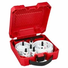This 21-piece hole saw kit from MILWAUKEE features bi-metal construction with 3/5 teeth per inch, covering a saw size range from 3/4 in to 5 in. Designed for cutting holes in multi-material surfaces such as wood, metal, and plastic, it is suited for tasks in electrical, plumbing, and HVAC installations where clean, precise holes are required.