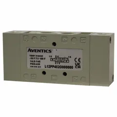 AVENTICS L1 Series directional control valve, model L12PP552O000000, is a four-way, three-position valve with spring center and non-locking operation. It features 1/4 in NPT ports and is configured for remote pilot actuation. This valve is used in pneumatic control systems for directing airflow in industrial automation, packaging, and material handling applications.