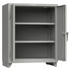 Welded steel cabinet with painted Medium Gray finish. Includes two adjustable shelves and legs. Swing handle with padlock hasp provides security. Suitable for organized storage of tools, parts, and equipment in workshops and warehouses.