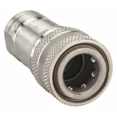 Female NPTF coupling body for ISO B Series hydraulic quick-connect systems. Constructed with 303 stainless steel and a nitrile seal. Thread size 1/4"-18. Used in hydraulic lines for tool-free connection and disconnection in fluid power and mobile equipment applications.