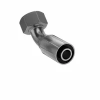 Steel 45° elbow crimp fitting with female metric thread (M30-2) on one end and genderless crimp connection for -12 hose dash size. Used in hydraulic systems to connect metric-threaded ports to hose assemblies in fluid power applications