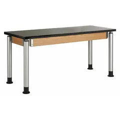 This adjustable-height lab table features a phenolic countertop in an oak finish, offering chemical and moisture resistance. The height adjusts from 26-1/4 to 41 inches, accommodating various tasks. With a 500 lb load capacity, it is suitable for laboratory, educational, and industrial settings where durability and easy cleaning are required.