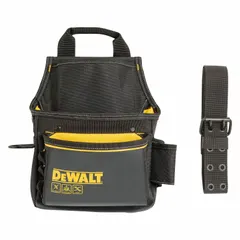 Polyester tool pouch in black/yellow for carrying hammers and other tools on a work belt. Features 12 pockets for organized storage, attaches via belt slot with buckle closure, and fits belts up to 2 1/2 inches wide.