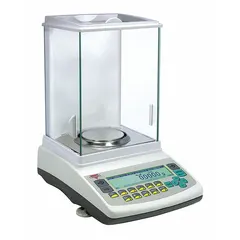Analytical lab balance with 200 g capacity and 0.0001 g readability. Features an LCD display and supports multiple weighing units: ct, g, gr, kg, lb, mg, oz, ozt, pwt. Suitable for precise mass measurement in laboratory, jewelry, and pharmaceutical applications.