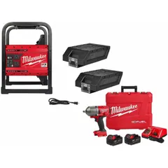 The MXF002-2XC is a portable power supply kit delivering AC/DC power for operating tools and equipment at job sites. The 2863-22R is an impact wrench designed for fastening and loosening bolts in construction, maintenance, and assembly tasks. Both units are cordless, supporting mobile work environments.