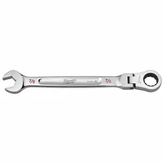 Chrome vanadium steel wrench with chrome finish. 7/8 in SAE 12-point ratcheting box end and open end. 1 7/8 in overall length. Pass-through design allows use over long threaded rods. For tightening and loosening fasteners in confined spaces.