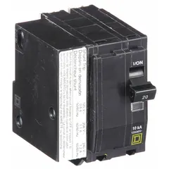 Plug-in miniature circuit breaker for overcurrent protection in branch circuits. Rated 20 A, 120/240V AC, single-phase, 2-pole with 10kA interrupting capacity. For use in QO Load Centers and NQ Panelboards.