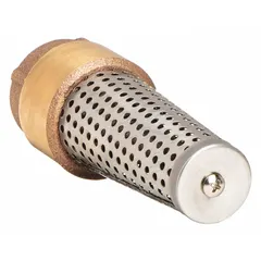 This brass inline foot valve with 1-inch FNPT connections is designed for pump suction applications to maintain prime and prevent backflow. It features a stainless steel strainer and a spring-loaded not-full-flow mechanism, rated for a maximum cold working pressure of 200 psi.