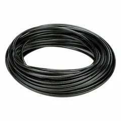 This polyurethane tubing has a 1/4 in inner diameter and 3/8 in outer diameter, supplied in a 100 ft length. It is black with a hardness of Shore A 90 to 95 and a maximum operating pressure of 170 psi at 73°F. Suitable for pneumatic and fluid transfer applications in industrial automation, packaging, and material handling systems.