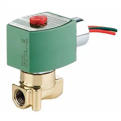 This REDHAT solenoid valve is a 2-way, 2-position normally closed type with high flow capacity. It has a 1/4 in pipe size and operates on 120V AC (110V AC) voltage. The coil enclosure is supplied without a junction box. Typical applications include on/off control of water, air, and light oil in industrial fluid systems.