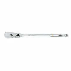 This GEARWRENCH flex-head ratchet features a pear-head design with a reversible mechanism and full polish chrome finish. With a 16-3/4 in overall length and non-magnetic construction, it is suited for general ratcheting tasks in automotive and industrial settings where access to confined spaces is required.