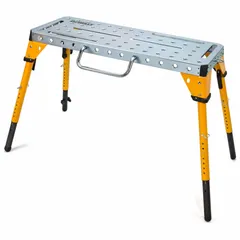 Steel portable workbench with adjustable height, suitable for jobsite welding and fabrication tasks. Features a powder-coated steel frame and top, includes (2) M5 nylon nuts. Overall dimensions: 46 in width, 18 in depth.