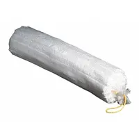 White polypropylene sorbent sock with rope connector, 8 in diameter x 8 in width x 30 in length, 20-gallon capacity, sold in a 6-pack. Used for skimming hydrocarbons from sumps, bilges, and tanks, absorbing oil while repelling water