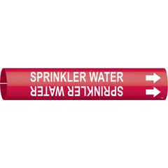 Red pipe marker with white 'Sprinkler Water' legend and directional arrows. Fits pipe outer diameters from 3/4 to 1-3/8 inches. Used to identify sprinkler water lines in piping systems for clear visual indication.
