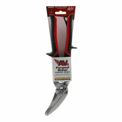 Left-cutting aviation snip with a steel blade and steel handle featuring a TPR grip. Overall length 9-3/4 in, cutting length 1-1/4 in. Suitable for cutting aluminum up to 0.062 in thick in HVAC, sheet metal, and metal fabrication applications.
