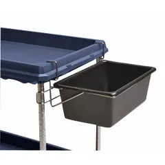 Steel bin designed for use with utility carts having plastic or wire shelves. Compatible with models 8URD4, 56MX30, 9CD06, 8HD66, 56MX31, and 56MX34. Capacity 25 lb. Black unfinished finish.