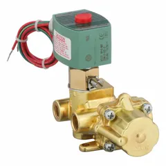 This 4-way/2-position solenoid valve from REDHAT features a watertight coil enclosure without junction box, operates on 110V AC/120V AC, and has a 1/4 in pipe size. It is configurable for directing flow in pneumatic or hydraulic systems, suitable for applications such as controlling double-acting cylinders and actuators.
