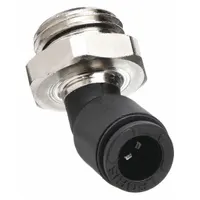 This LEGRIS elbow fitting connects 6 mm OD tubing to a 1/8 in male BSPP threaded port. It features a push-to-connect design for quick installation and a compact 90-degree turn. The body is black nylon with a nickel-plated brass insert. Sold as a 10-pack