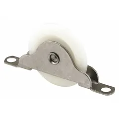 This hanging door roller measures 2-1/2 inches in length and 9/32 inches in width, with a maximum weight capacity of 60 lb. Supplied as a pair, it is designed for use in sliding door applications in residential or light commercial settings.