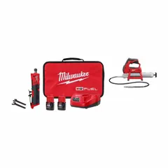 This 12 V DC cordless kit includes a die grinder and a grease gun, with battery included. The die grinder is suited for cutting, grinding, and polishing tasks. The grease gun delivers lubrication to bearings, joints, and machinery. Both tools operate on the Milwaukee 12 V battery platform.