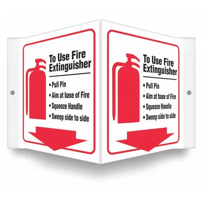 CONDOR Safety Sign: PETG, Mounting Holes Sign Mounting, 6 in x 8 1/2 in Nominal Sign Size - V-Shape Projection To Use Fire Extinguisher -Pull Pin -Aim At Base Of Fire -Squeeze Handle -Sweep Side To Side Signs