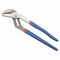 Groove joint pliers with flat jaws, 12 in overall length, 5 jaw positions, and 2 in max jaw opening. Used for gripping, turning, and clamping nuts, pipes, and fittings in maintenance, plumbing, and mechanical work.