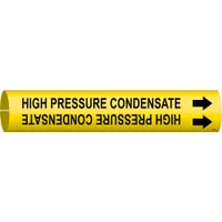 Yellow snap-on pipe marker with black legend reading 'High Pressure Condensate' and directional arrows. Fits pipe outer diameters of 4 to 6 inches. Used to identify high pressure condensate lines in industrial steam and condensate systems