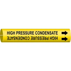 Yellow snap-on pipe marker with black legend reading 'High Pressure Condensate' and directional arrows. Fits pipe outer diameters of 4 to 6 inches. Used to identify high pressure condensate lines in industrial steam and condensate systems.