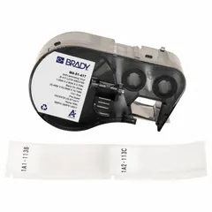 Precut label roll cartridge for BMP51 printer series. Self-extinguishing vinyl, white matte finish. 110 labels per cartridge. Used for identification and marking of cables, wires, and small cylindrical surfaces in industrial environments.