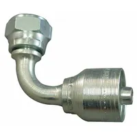 Steel 90° elbow hydraulic crimp fitting with female metric thread M22-1.5 on one end and crimp connection for -8 dash size hose on the other. Used in fluid power systems to route hose at a right angle from metric ports