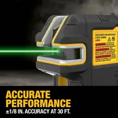 Green beam laser level projecting 2 lines and 5 dots with a range of 100–200 ft without a detector. Pendulum self-leveling provides accuracy of ±1/8 in @ 33 ft. Suitable for alignment, layout, and leveling tasks on walls, floors, and ceilings.