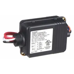 This hard-wired control unit accepts 120 to 277V AC input and provides 24V DC output for switching fluorescent or incandescent lighting loads. It is compatible with the CU300 series and is used in commercial and industrial facilities for centralized lighting management.