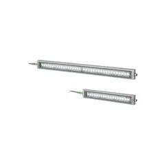Rectangular LED machine tool light delivering up to 2600 lm at 6500K color temperature. Operates on 24V DC ±10% with 25W power consumption. Includes bracket for mounting. Suitable for illuminating work areas on industrial machinery, assembly stations, and inspection benches.