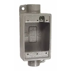 Rectangular iron weatherproof electrical box with 1-gang configuration and 1-inch hub. Gray finish, 28.5 cubic inch capacity. Used for housing wiring devices, switches, or outlets in outdoor or harsh-environment electrical enclosures.