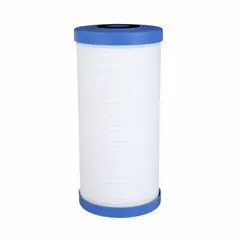 This solid water filter cartridge uses polypropylene filter media and is rated for 20 gpm flow. With an overall height of 9 3/4 inches, it is suitable for sediment filtration in commercial and industrial water systems, including process water, cooling towers, and pre-treatment applications.