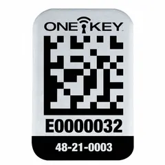Adhesive asset identification tags for use with the Milwaukee One-Key tracking system. Each pack includes 100 labels and 2 cardboard inserts for organizing and labeling tools, equipment, or inventory. The tags attach via adhesive backing and are designed for digital asset management.