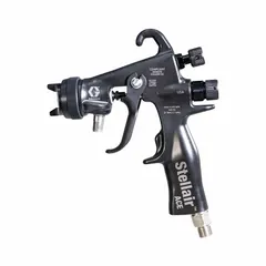 This HVLP spray gun from GRACO features a stainless steel construction and a 13-1/2 in spray pattern width. It has a 1/4 in NPSM air inlet with an air consumption of 8.1. The gun is designed for applying paints, enamels, epoxies, and sealers, and includes a nozzle. Typical applications include industrial finishing, automotive refinishing, and woodworking tasks requiring controlled overspray.