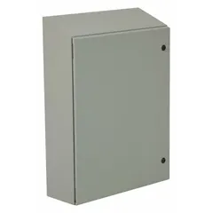 Steel washdown enclosure with sloped top, measuring 30 x 24 x 10 inches. Features a solid hinged cover secured by a 1/4-turn latch. Rated NEMA 12/13/3R/4 for protection against dust, oil, water, and corrosion. Suitable for indoor or outdoor use in industrial environments requiring washdown capabilities. No knockouts provided.