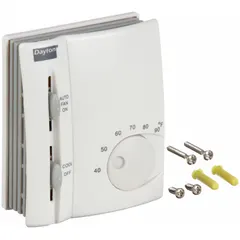 Analog thermostat for cool-only applications. Operates on 24V AC with a temperature control range of 40° to 90°F. Features an exposed dial control, fan settings of Auto-On, and system settings of On-Off. Designed for vertical mounting with terminal designation Y.