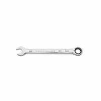 This 7/8 in SAE 12-point ratcheting combination wrench is constructed from alloy steel with a full polish chrome finish. It is a standard-length wrench designed for general industrial fastening tasks, including maintenance, repair, and assembly operations