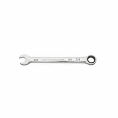 This 7/8 in SAE 12-point ratcheting combination wrench is constructed from alloy steel with a full polish chrome finish. It is a standard-length wrench designed for general industrial fastening tasks, including maintenance, repair, and assembly operations.