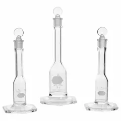 Colorless conical volumetric flask with 10 mL capacity and tolerance of +/-0.02 mL. Meets USP Type I specifications for borosilicate glass. Includes closure and is compatible with stopper size 9. Used for precise liquid measurement and preparation of standard solutions in analytical chemistry and laboratory settings.