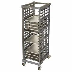 Composite plastic full-size sheet pan rack with 20 slots spaced 3 in apart, holding pans 14 x 18 in. Height 71 7/8 in, width 25 1/2 in, capacity 350 lb. Graphite color, NSF certified. Non-nesting, no top included. Used for storing and transporting sheet pans in commercial foodservice environments.