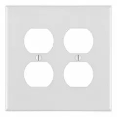 General-purpose wall plate for duplex outlets. 2-gang, midsize design in white nylon. Covers and protects electrical boxes in residential, commercial, and industrial installations.