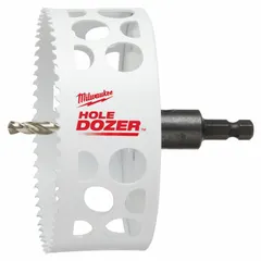 Bi-metal hole saw with attached arbor for cutting multi-material surfaces. Features 3/5 teeth per inch and a maximum cutting depth of 1-5/8 in. Suitable for general construction, plumbing, and electrical installations requiring clean, precise holes in wood, metal, and plastic.